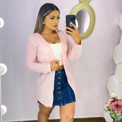 Cardigan Kimono Trico leve e fresco vazadinho para meia estação Feminino Casaco cardigã Manga Longa Alongado