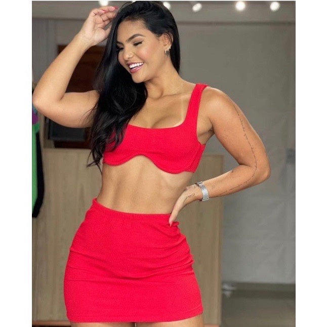 Conjunto Feminino Biker Cropped Com Bojo Saia Curta Malha Canelada Modinha Gringa