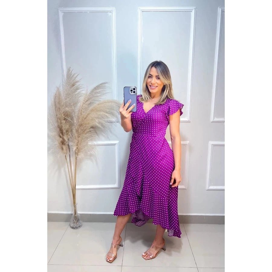 Vestido envelope marca a cintura Manga curta Babado Na Barra Simples Glamour