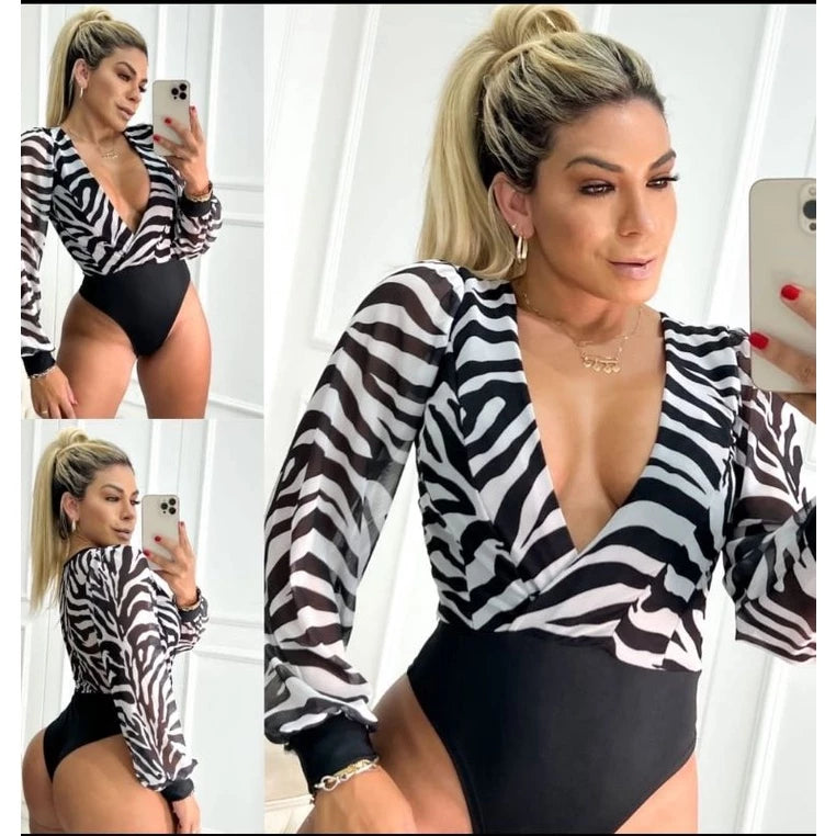 Body Feminino Body Manga Longa Tule Com Bojo