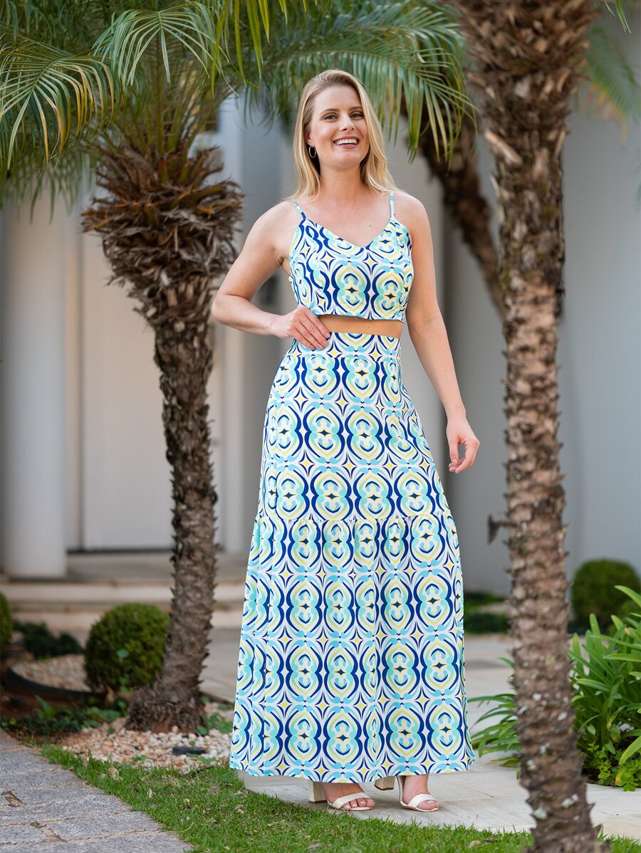Conjunto Feminino Blusinha e Saia Longa Estampado com Bojo