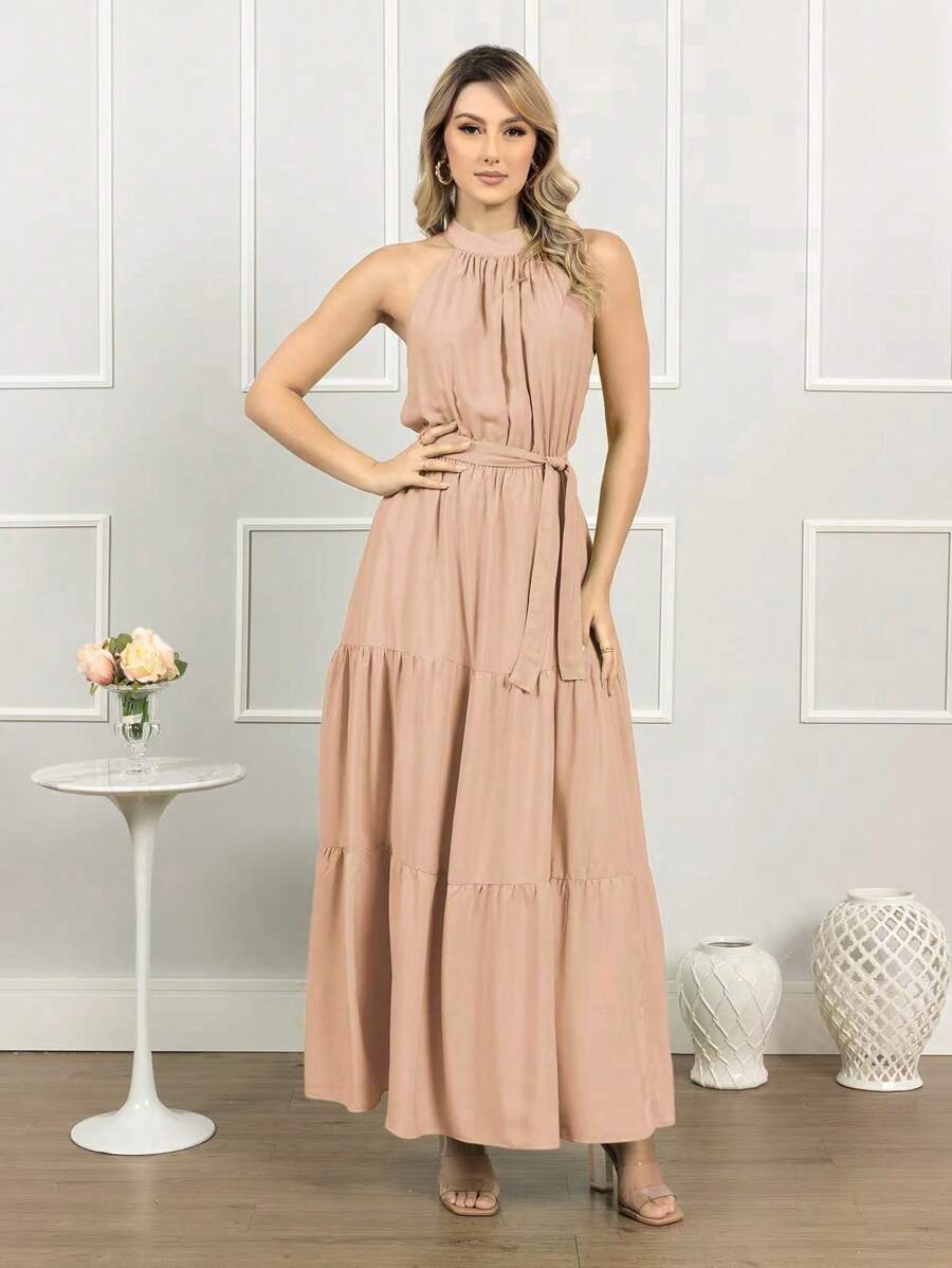 Vestido Longo Feminino Liso Gola Alta Três Marias com Cinto