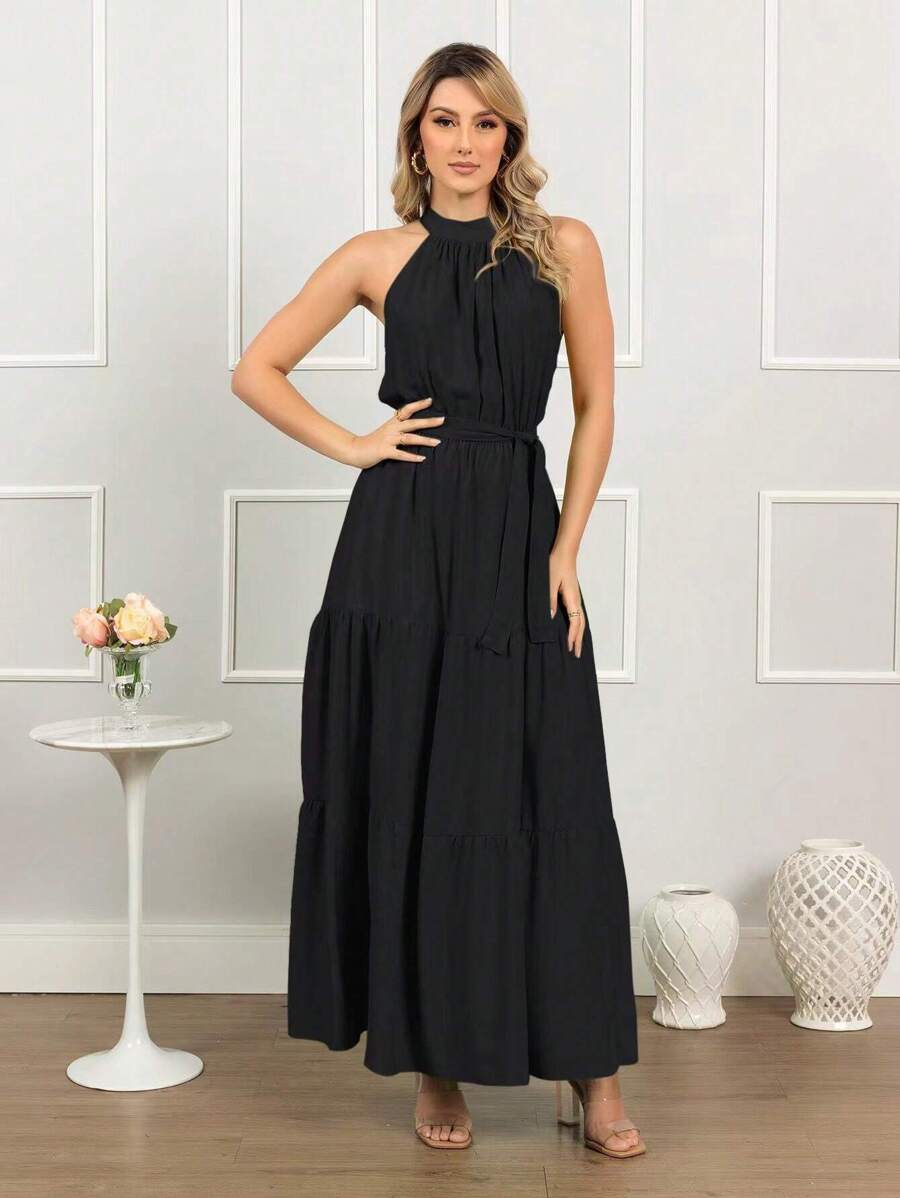 Vestido Longo Feminino Liso Gola Alta Três Marias com Cinto