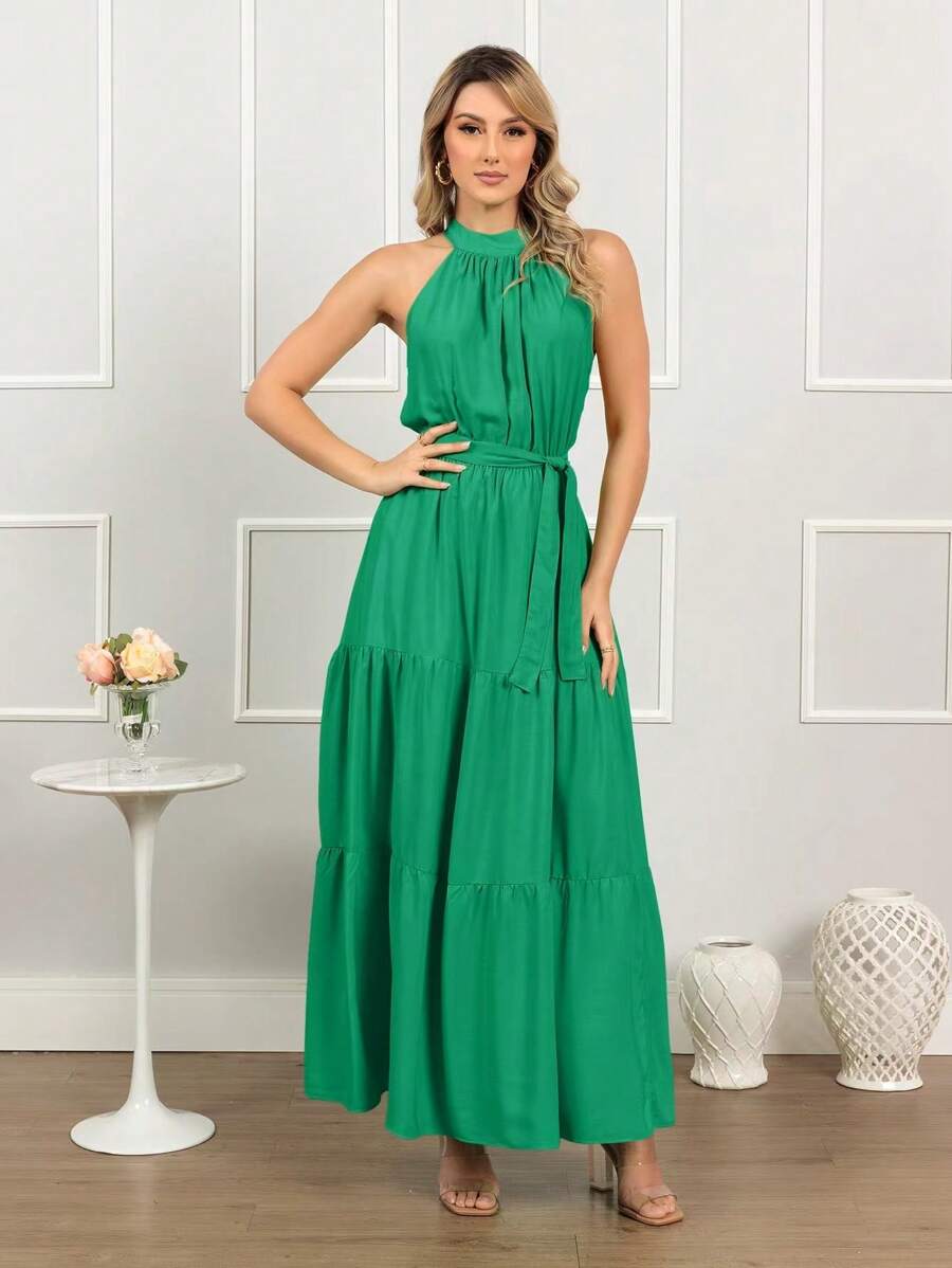 Vestido Longo Feminino Liso Gola Alta Três Marias com Cinto