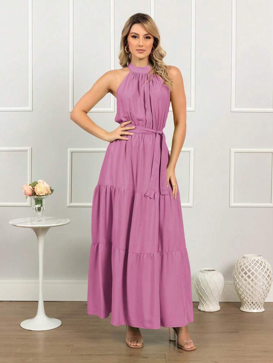 Vestido Longo Feminino Liso Gola Alta Três Marias com Cinto