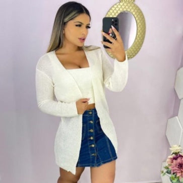 Cardigan Kimono Trico leve e fresco vazadinho para meia estação Feminino Casaco cardigã Manga Longa Alongado