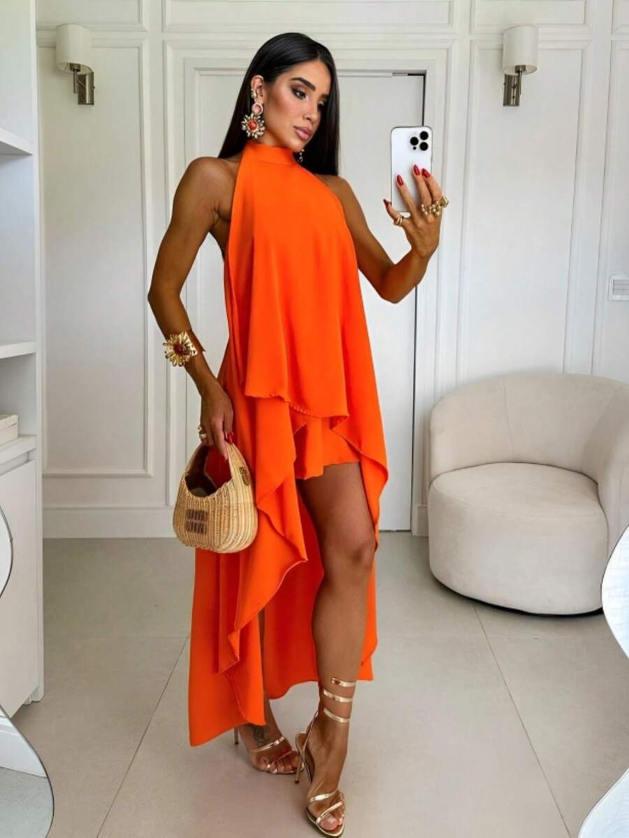 Vestido Laranja Verão Soltinho Elegante com Gola Colarinho