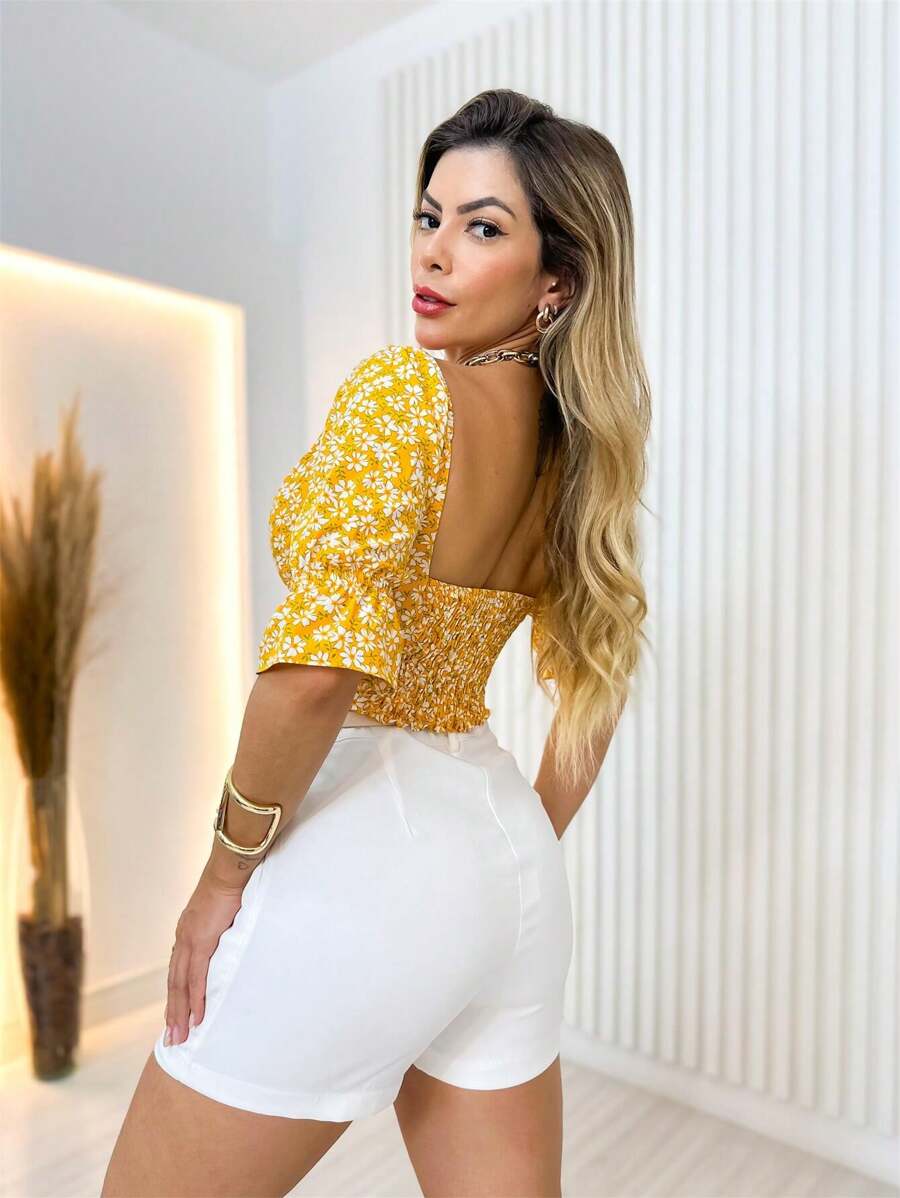 Cropped Feminino Manga Bufante com Lastex e Bojo