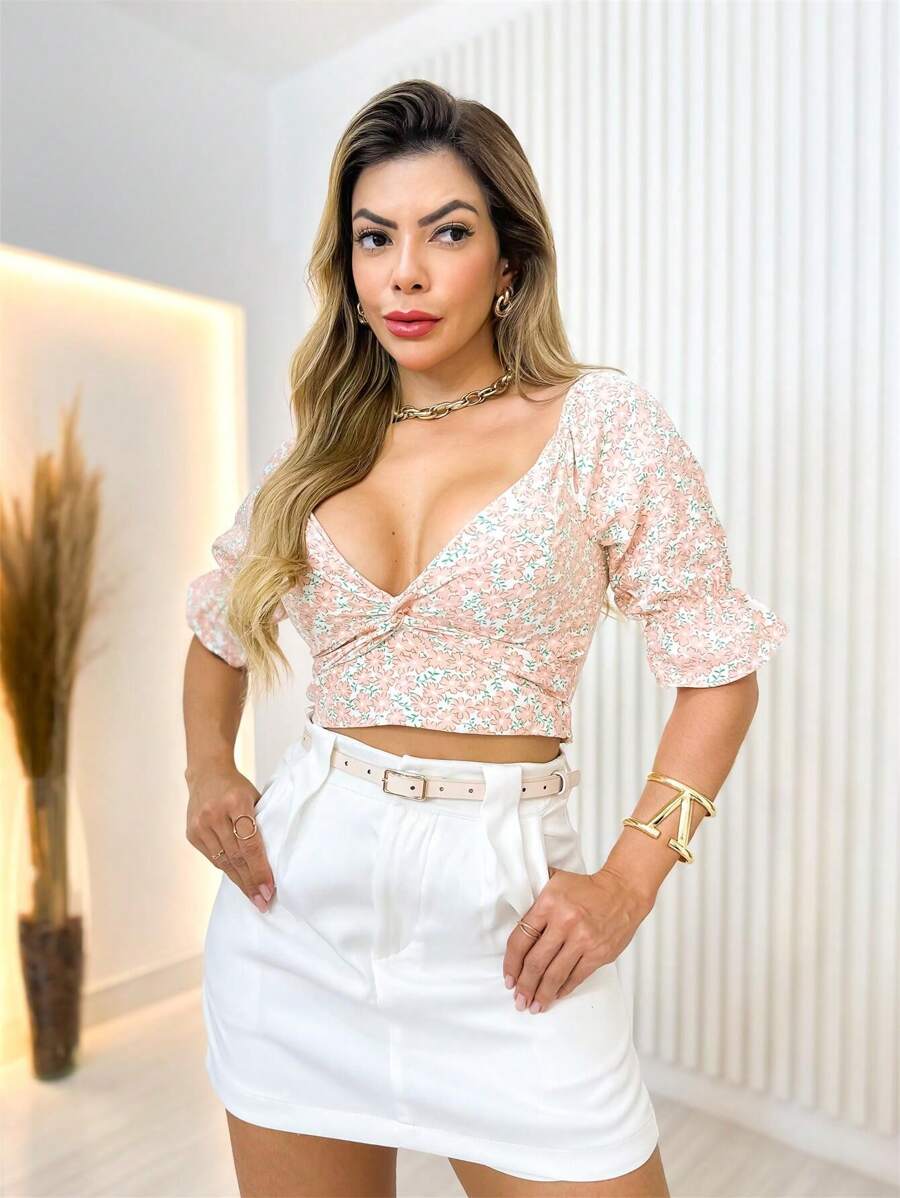 Cropped Feminino Manga Bufante com Lastex e Bojo