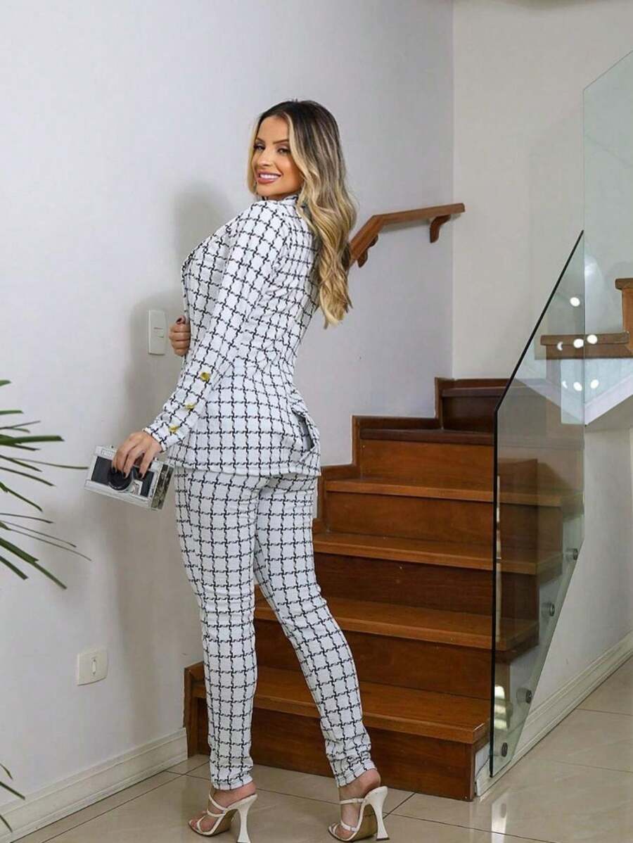 Conjunto 3 Peças Feminino Xadrez Blazer, Calça e Cropped em Neoprene Premium
