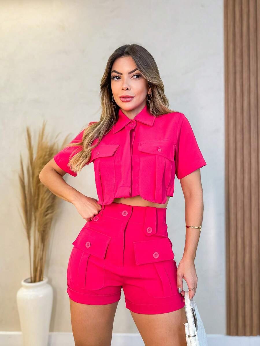 Conjunto Feminino Cropped e Short Social Alfaiataria