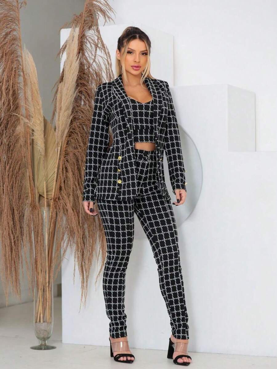 Conjunto 3 Peças Feminino Xadrez Blazer, Calça e Cropped em Neoprene Premium