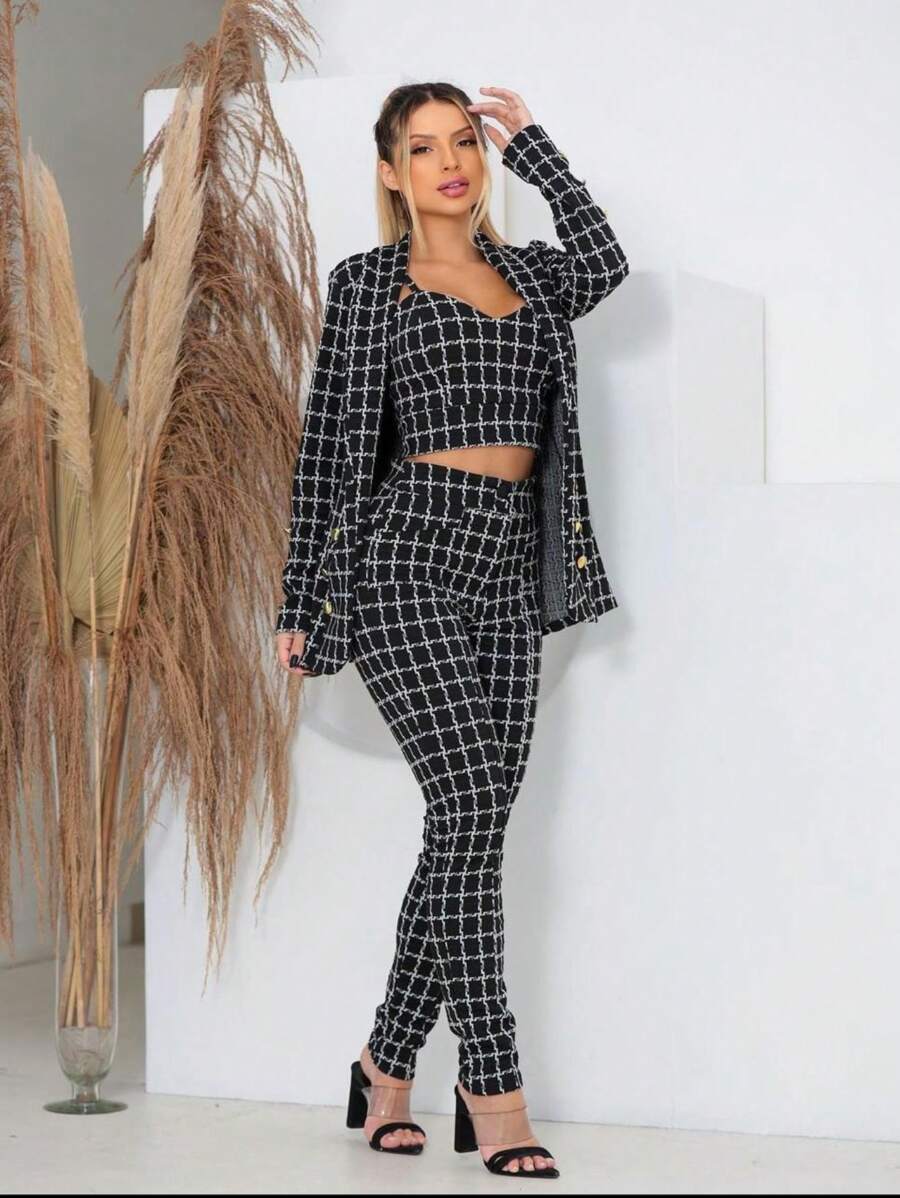 Conjunto 3 Peças Feminino Xadrez Blazer, Calça e Cropped em Neoprene Premium
