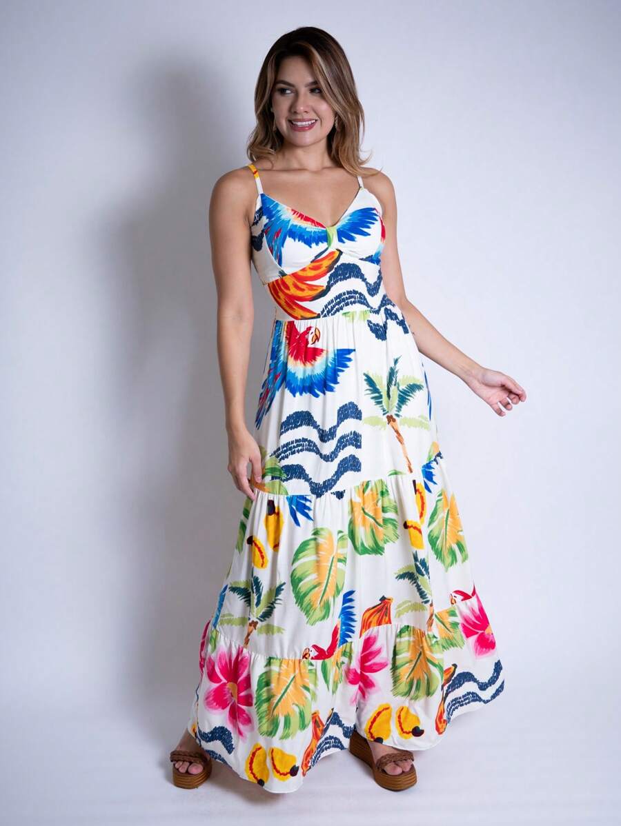 Vestido Longo Estampado Feminino com Lastex e Bojo em Viscolinho