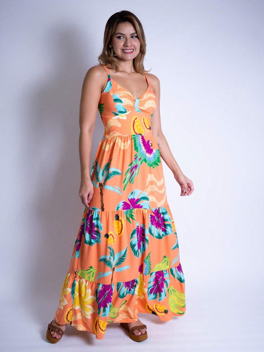 Vestido Longo Estampado Feminino com Lastex e Bojo em Viscolinho