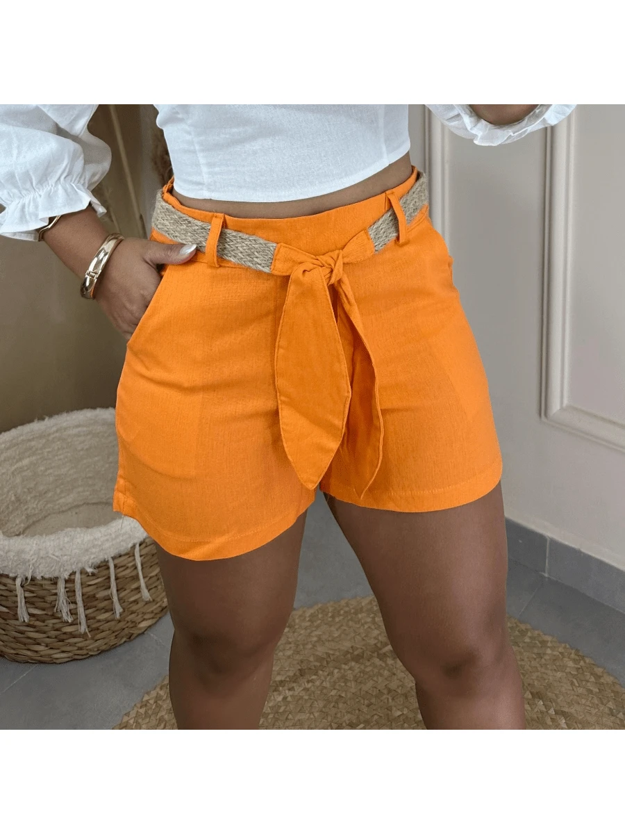 Shorts Feminino de Linho Social Curto com Cinto e Bolso Faca