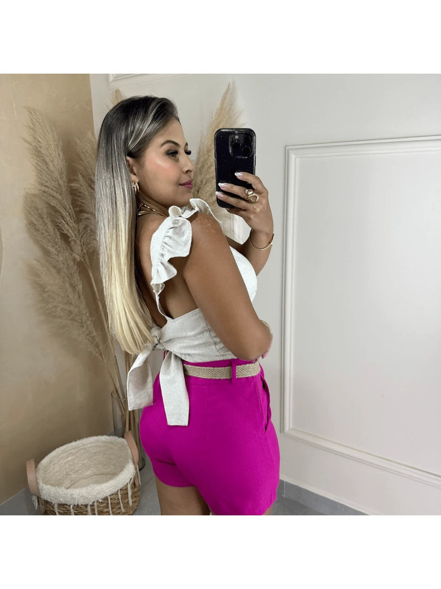Shorts Feminino de Linho Social Curto com Cinto e Bolso Faca