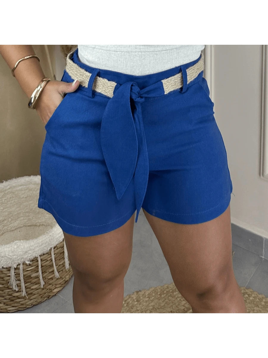 Shorts Feminino de Linho Social Curto com Cinto e Bolso Faca