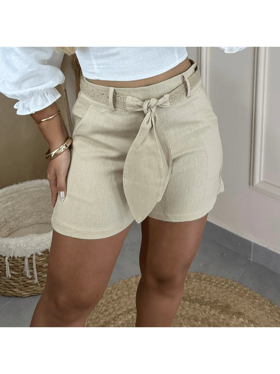 Shorts Feminino de Linho Social Curto com Cinto e Bolso Faca