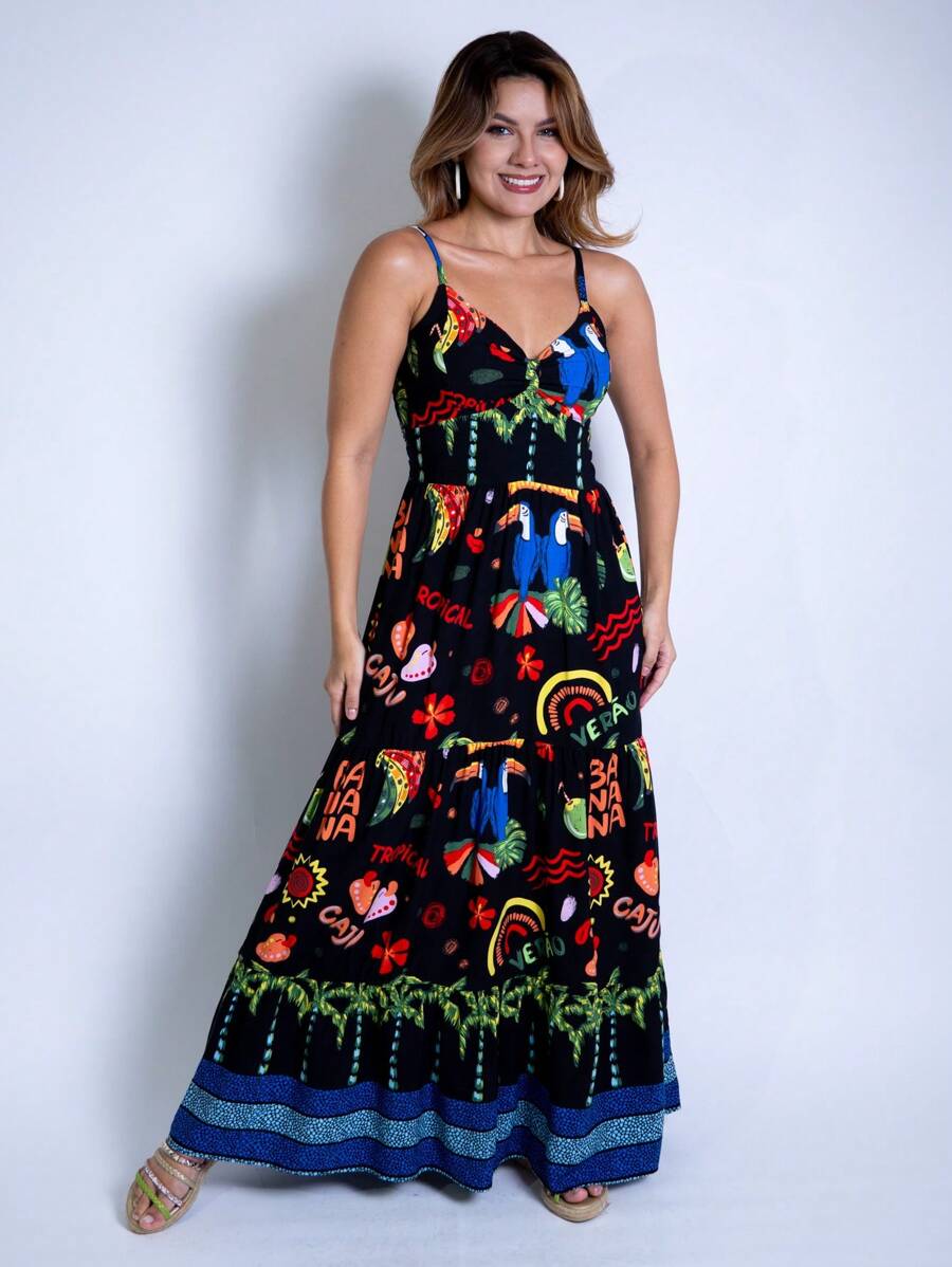 Vestido Longo Estampado Feminino com Lastex e Bojo em Viscolinho