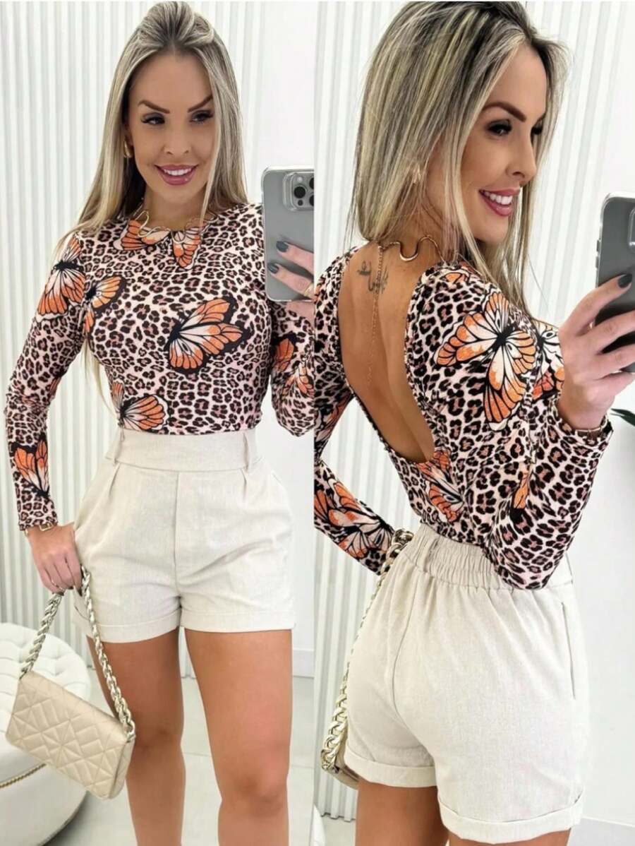 Body Estampado com Decote nas Costas