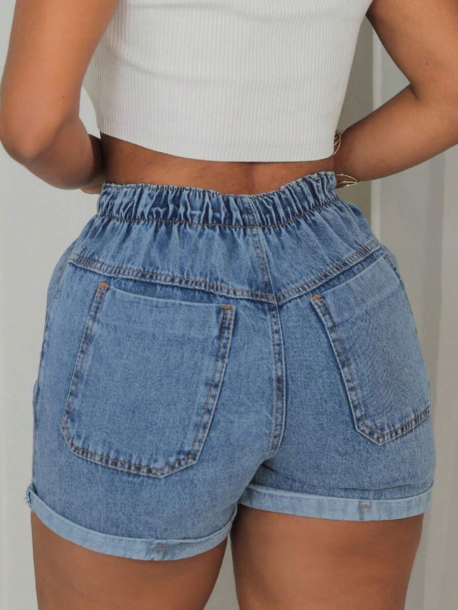 Shorts Jeans Cintura Alta com Elástico e Barra Dobrada