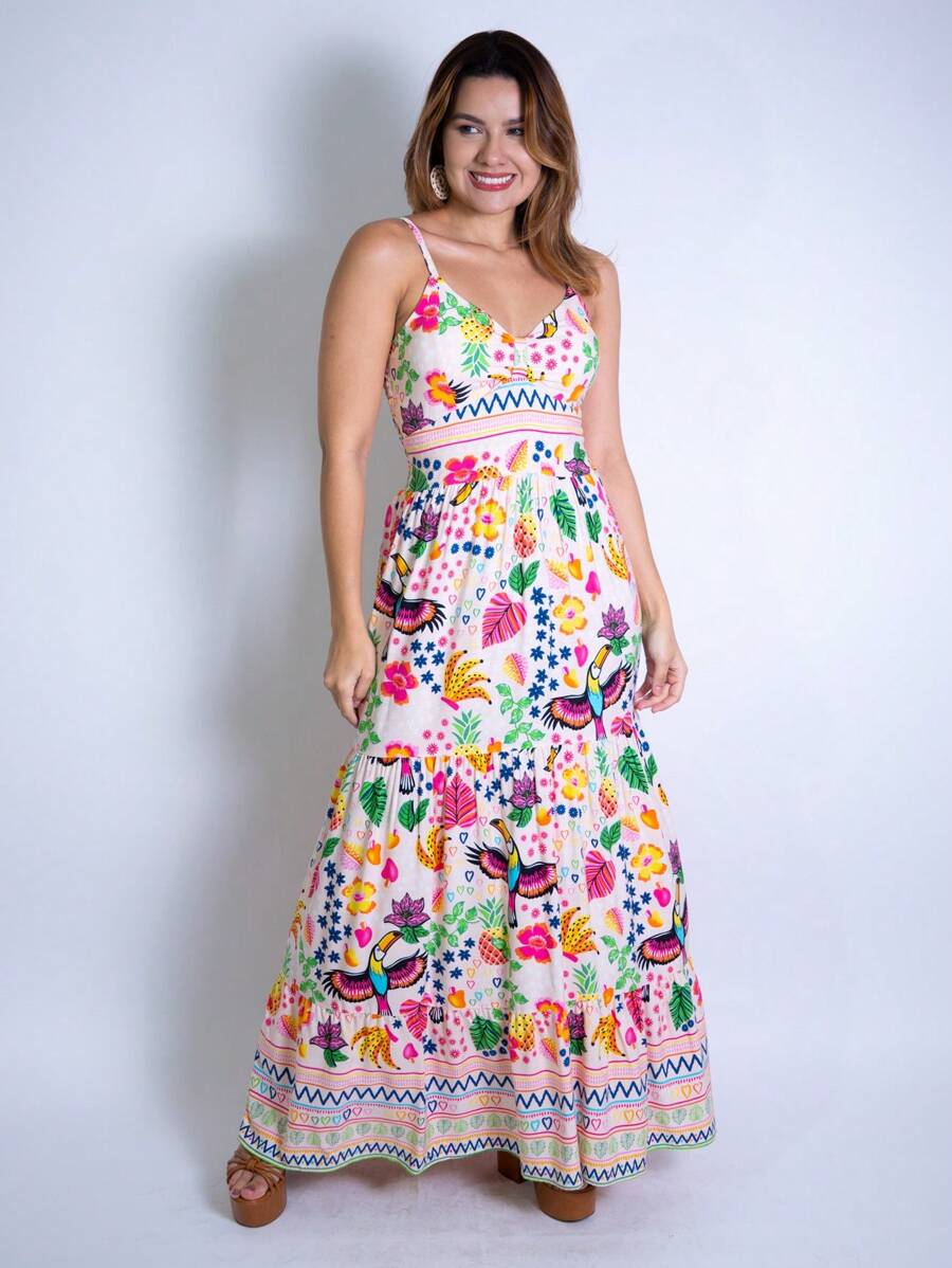 Vestido Longo Estampado Feminino com Lastex e Bojo em Viscolinho