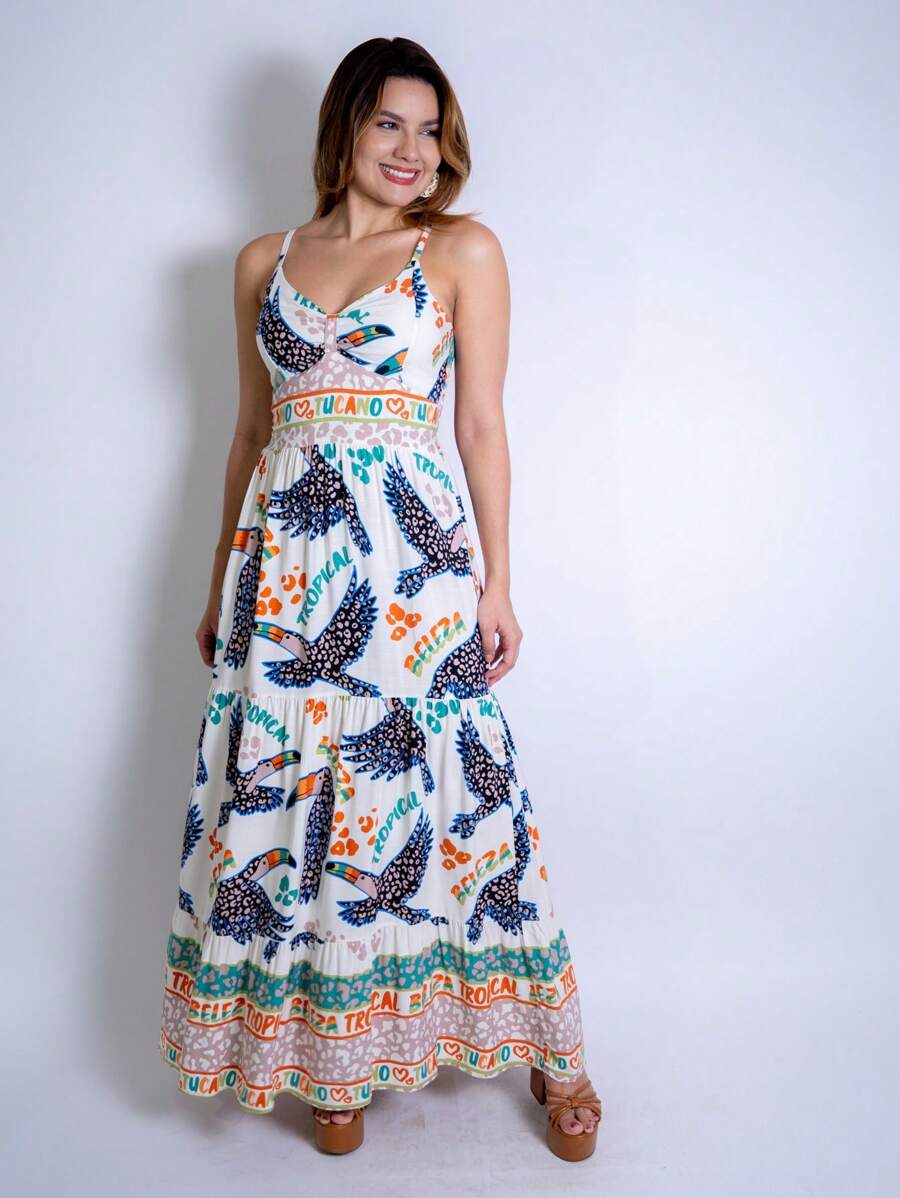 Vestido Longo Estampado Feminino com Lastex e Bojo em Viscolinho