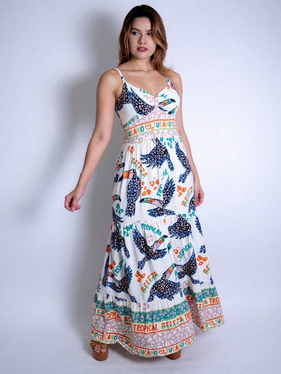 Vestido Longo Estampado Feminino com Lastex e Bojo em Viscolinho