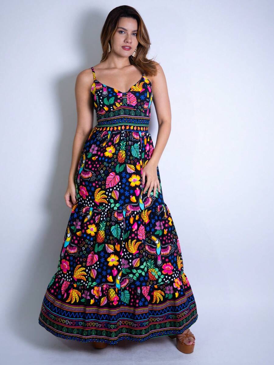 Vestido Longo Estampado Feminino com Lastex e Bojo em Viscolinho