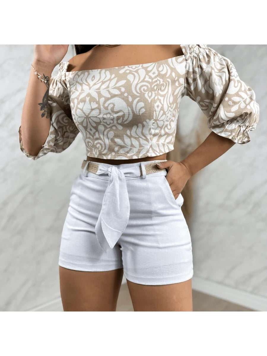 Shorts Feminino de Linho Social Curto com Cinto e Bolso Faca