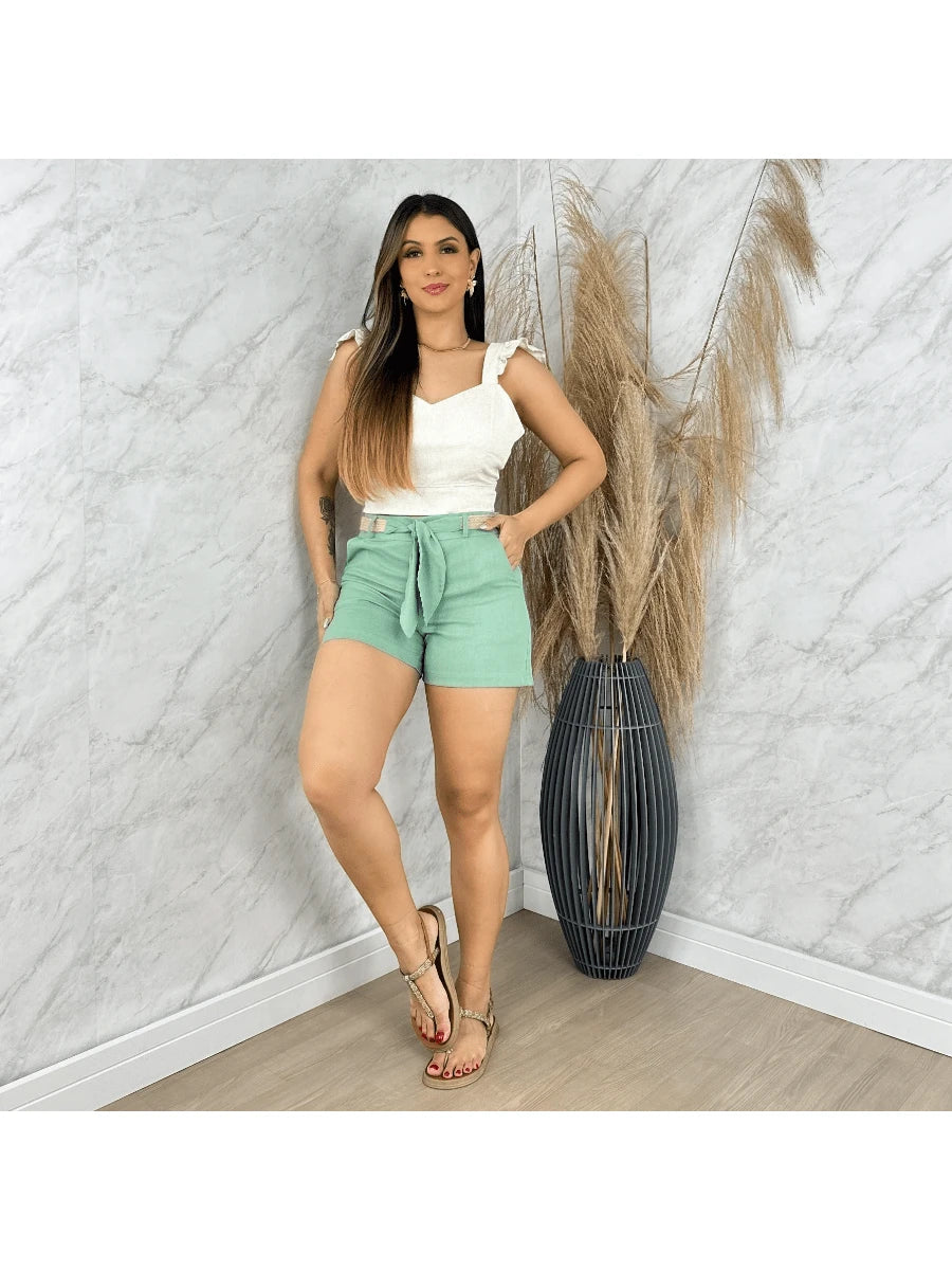 Shorts Feminino de Linho Social Curto com Cinto e Bolso Faca
