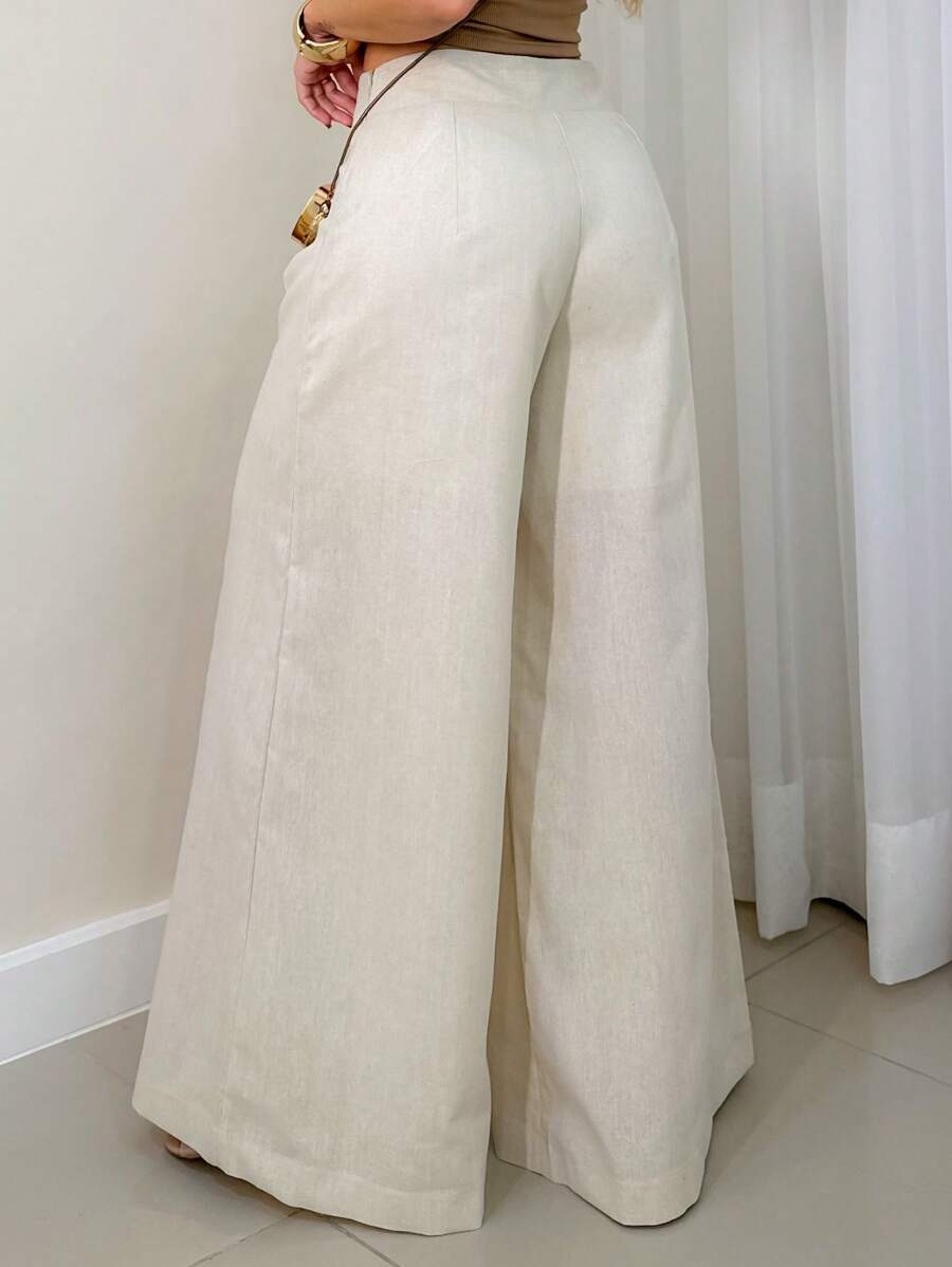 Calça Pantalona de Cambraia Feminina com Zíper nas Laterais e Forro Curto