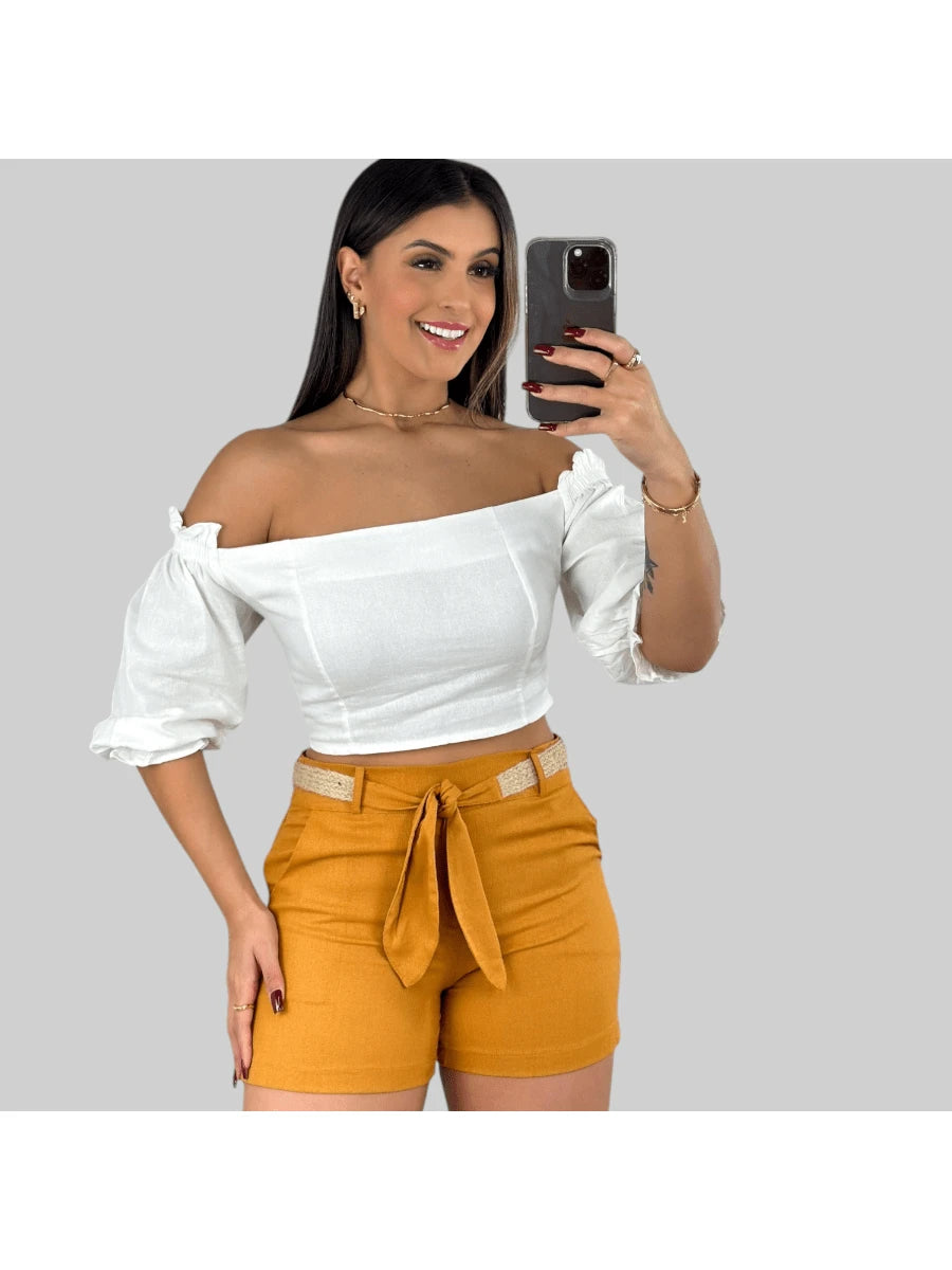 Shorts Feminino de Linho Social Curto com Cinto e Bolso Faca