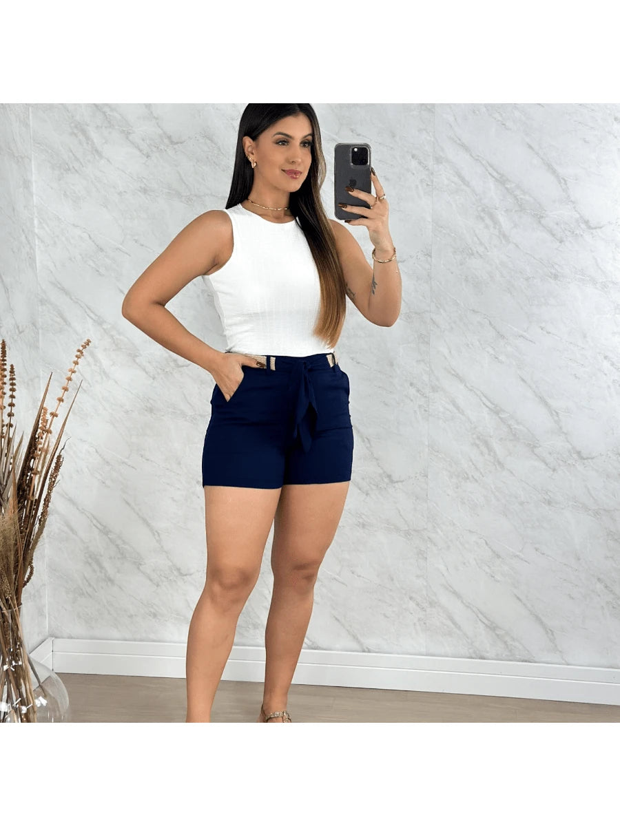 Shorts Feminino de Linho Social Curto com Cinto e Bolso Faca