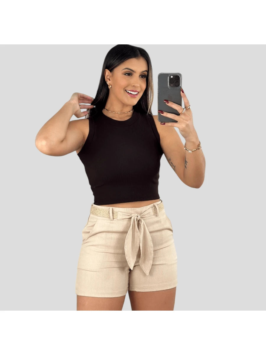 Shorts Feminino de Linho Social Curto com Cinto e Bolso Faca