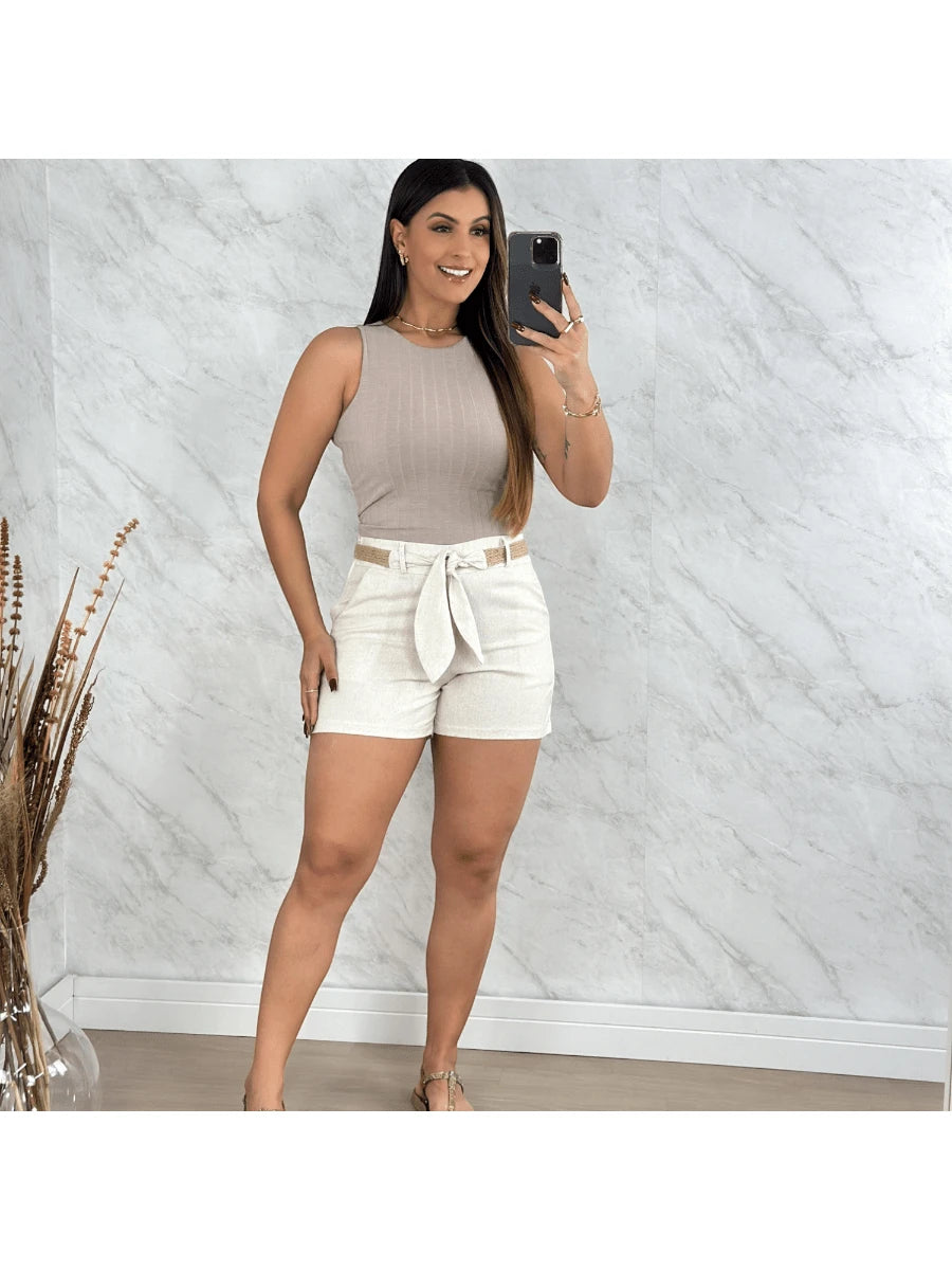 Shorts Feminino de Linho Social Curto com Cinto e Bolso Faca