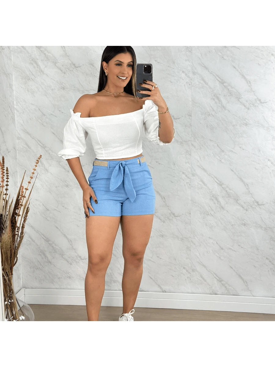 Shorts Feminino de Linho Social Curto com Cinto e Bolso Faca