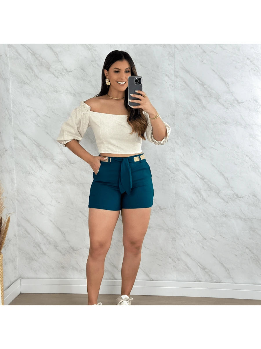 Shorts Feminino de Linho Social Curto com Cinto e Bolso Faca