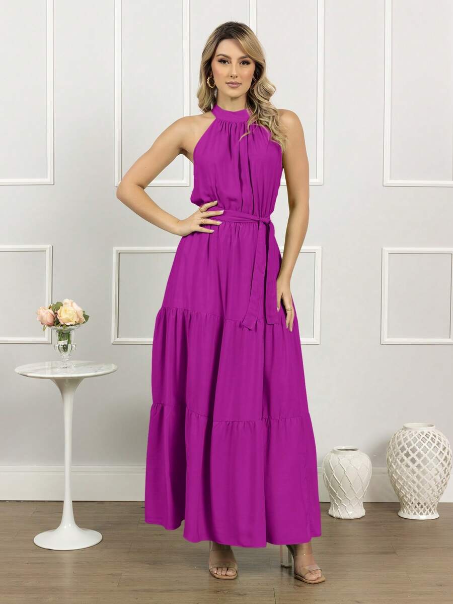 Vestido Longo Feminino Liso Gola Alta Três Marias com Cinto