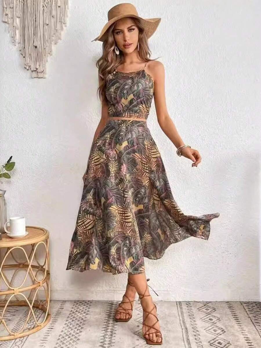 Conjunto Feminina Estampa Tropical Top e Saia, Estampado