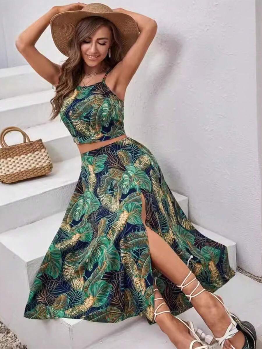 Conjunto Feminina Estampa Tropical Top e Saia, Estampado