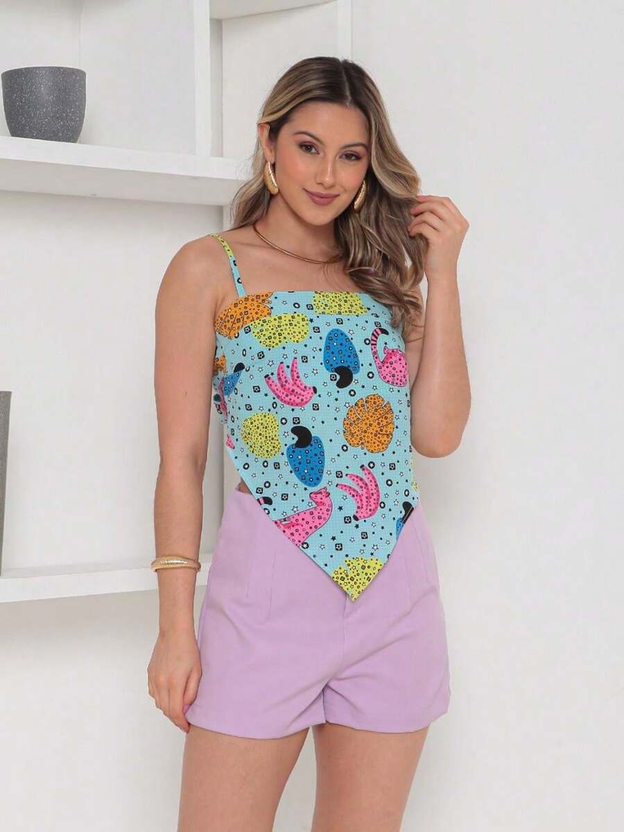 Conjunto Feminino Camisa com Amarração Atrás e Short com Zíper