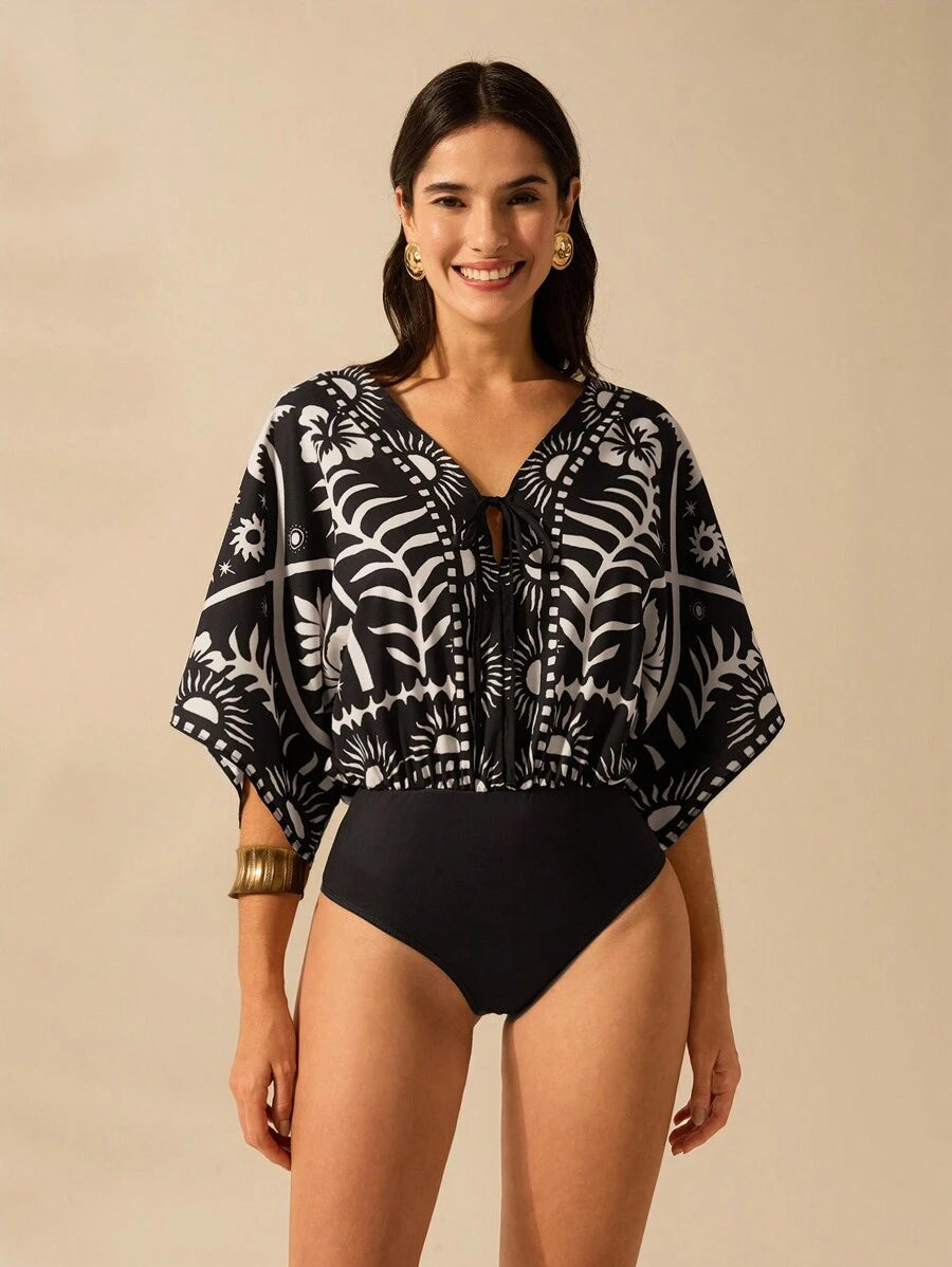 Body Giovana Feminino de Mangas Amarradas com Decote em V