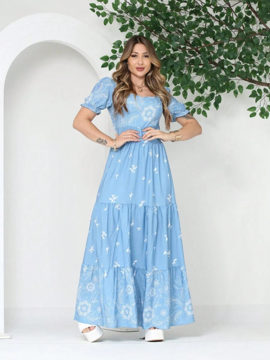 Vestido Elegante Longo Feminino Estampado com Manga Curta