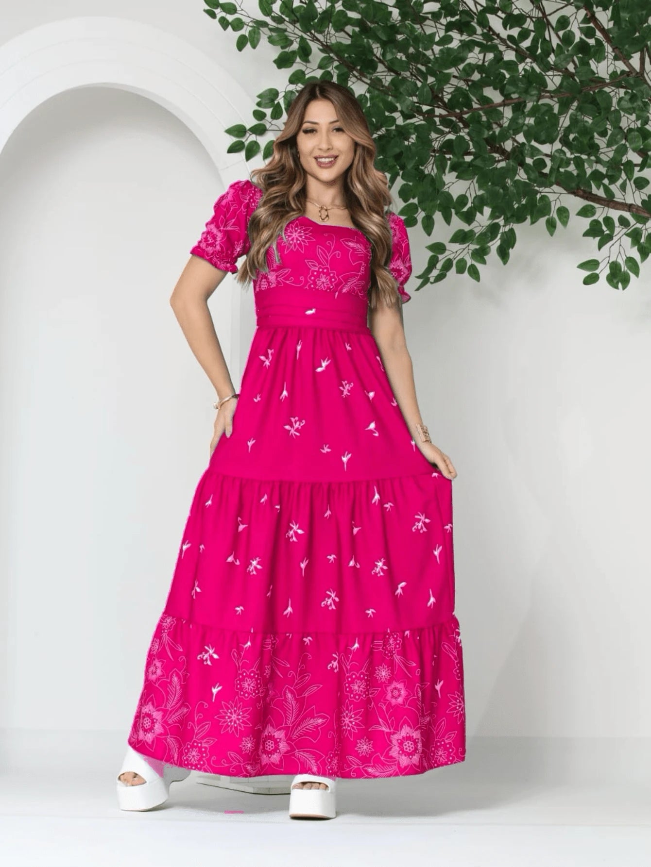 Vestido Elegante Longo Feminino Estampado com Manga Curta