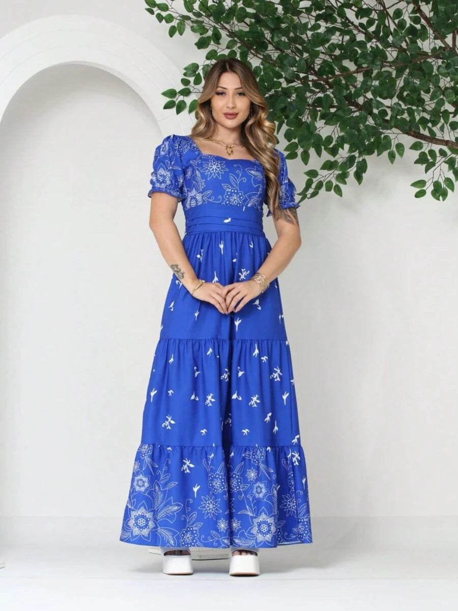 Vestido Elegante Longo Feminino Estampado com Manga Curta