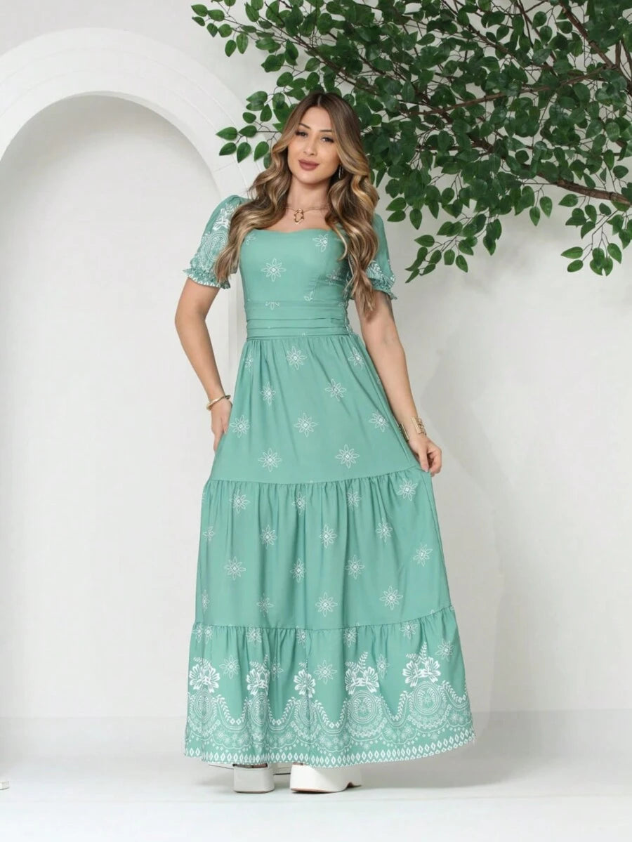 Vestido Elegante Longo Feminino Estampado com Manga Curta
