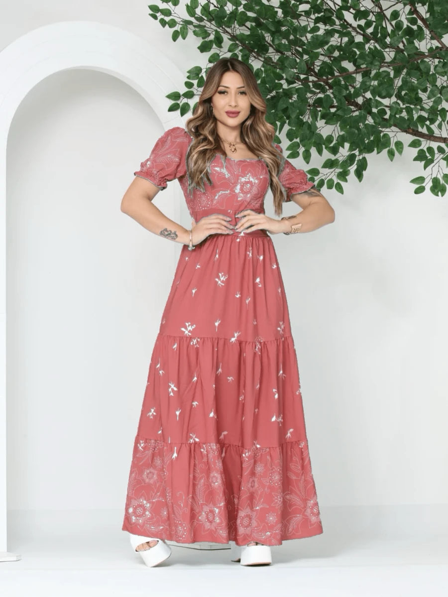 Vestido Elegante Longo Feminino Estampado com Manga Curta