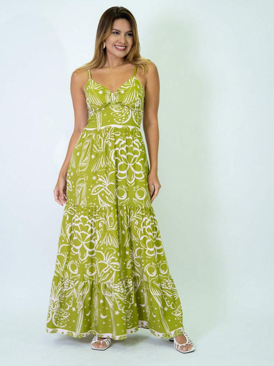 Vestido Longo Estampado Feminino com Lastex e Bojo em Viscolinho